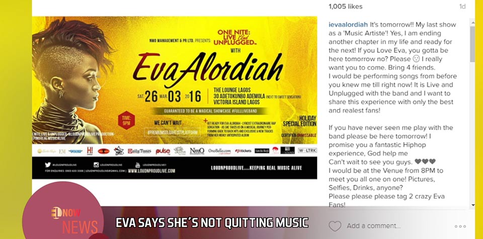 Eva says she’s not quitting music